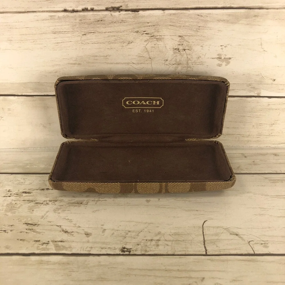 Coach Signature Monogram Hard Eyeglass Sunglasses Case Brown Tan Clamshell Logo
